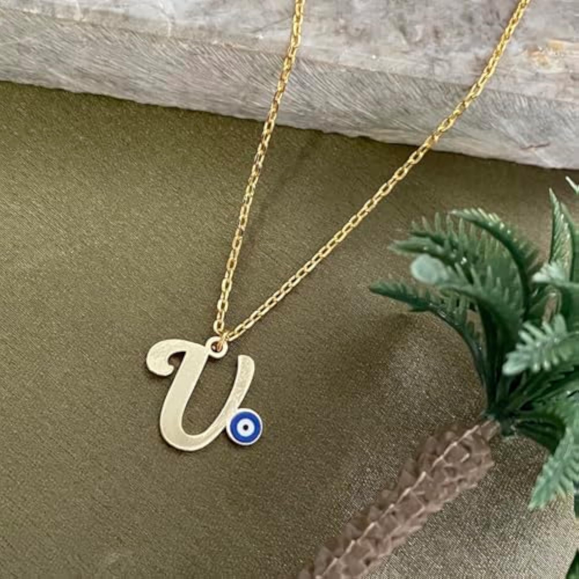 Women's Blue Evil Eye Initial 'V' Necklace, Gold Plated